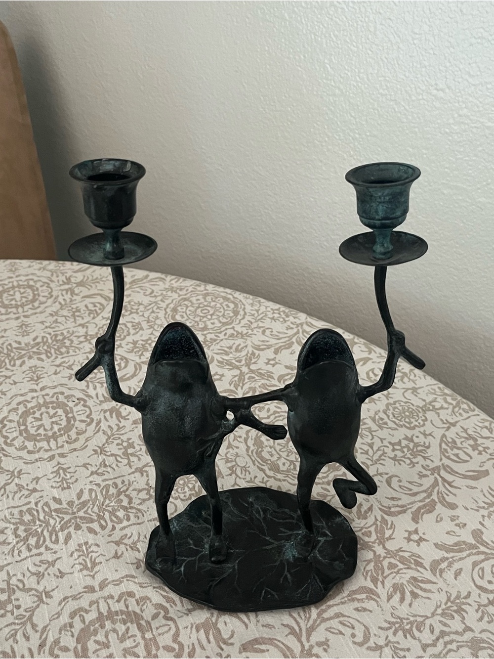 Whimsical Green Frog Pair Two-Arm Metal Candlestick Holder